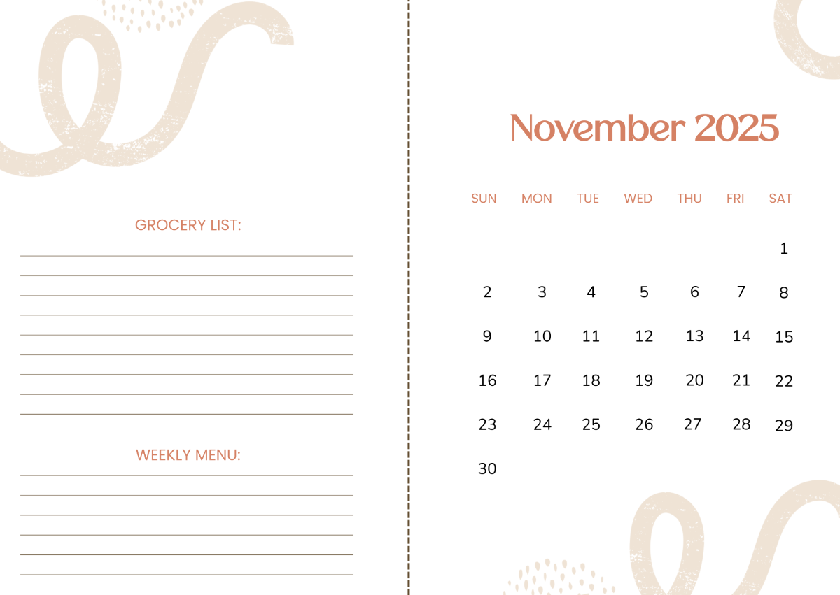 Free Simple November 2025 Meal Calendar Template To Edit Online
