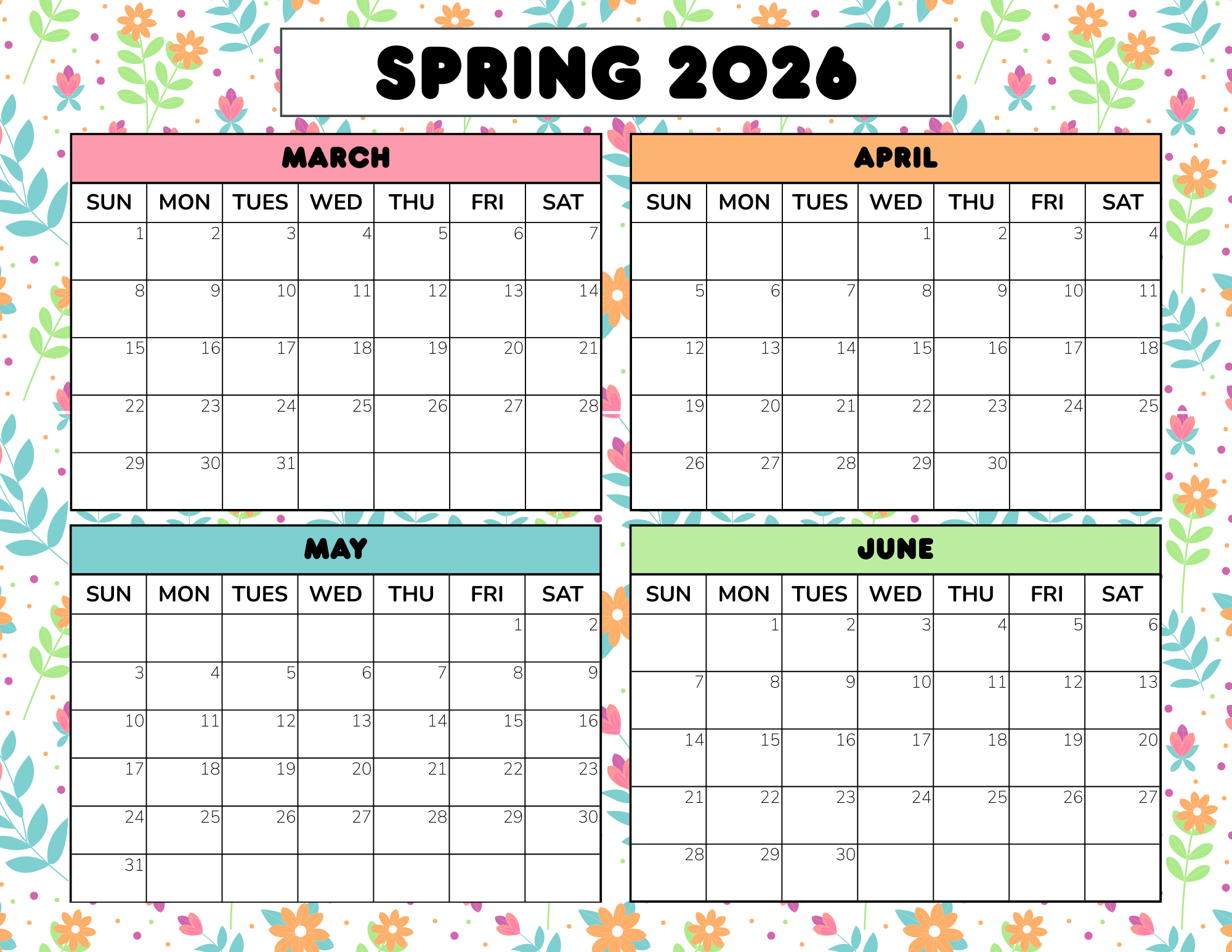 Spring 2026 Calendar Printable