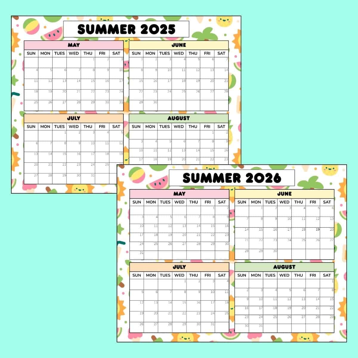 Summer Calendar 2026 Printable