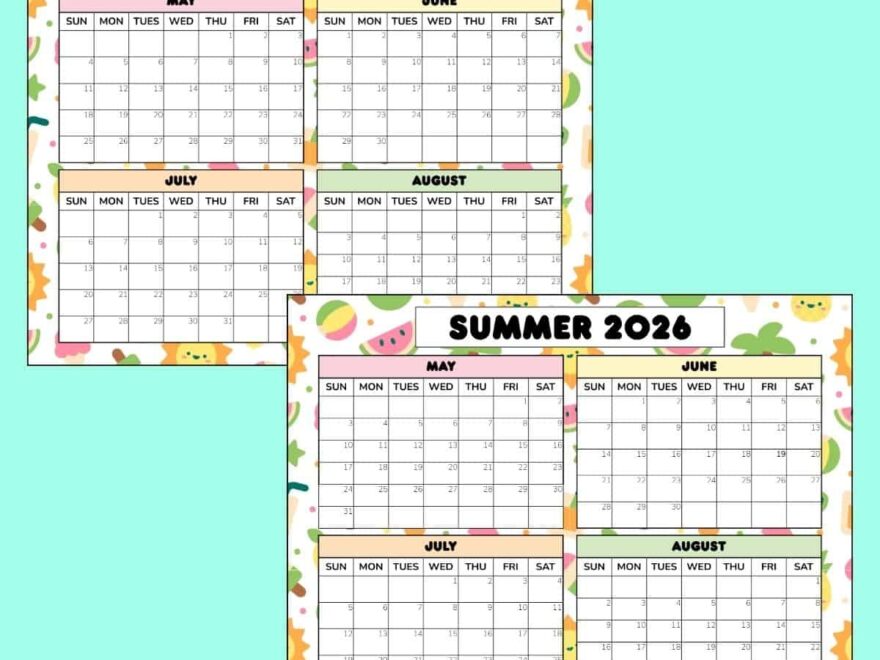 Free Summer Calendar Printable 2025 2026 PDF