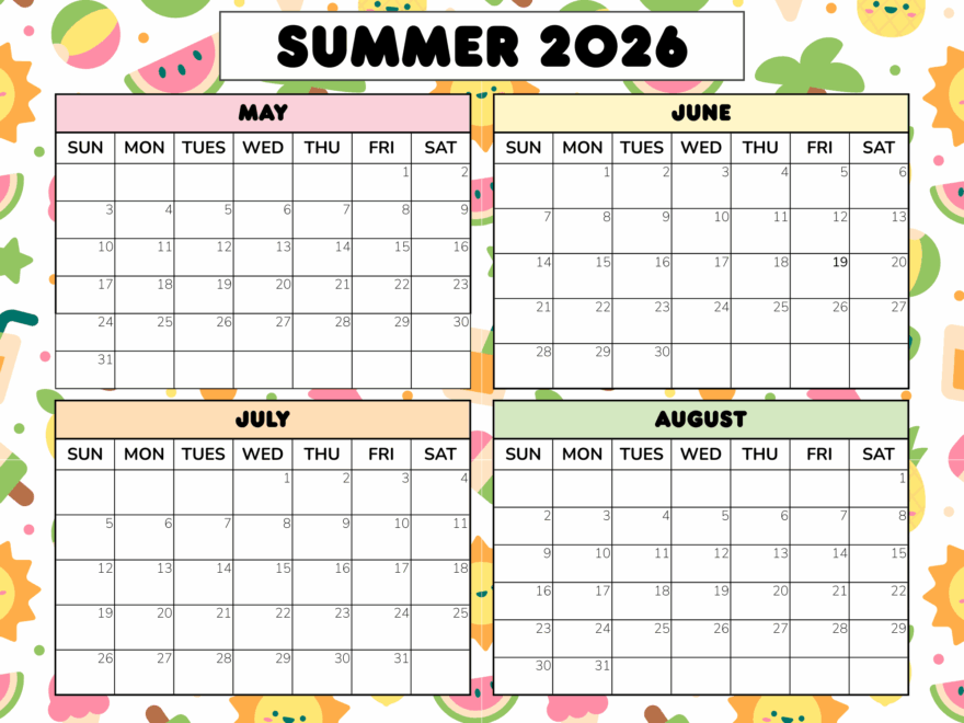 Free Summer Calendar Printable 2025 2026 PDF