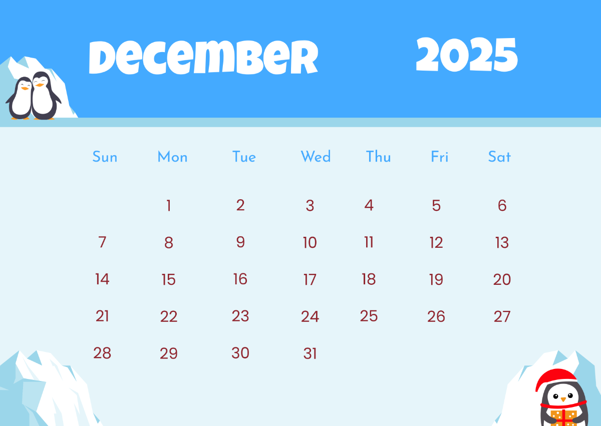 Free Sunday Start December 2025 Monthly Calendar Template To Edit Online