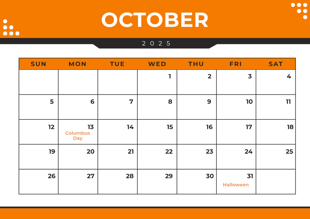 Free Year 2025 October Calendar Template To Edit Online