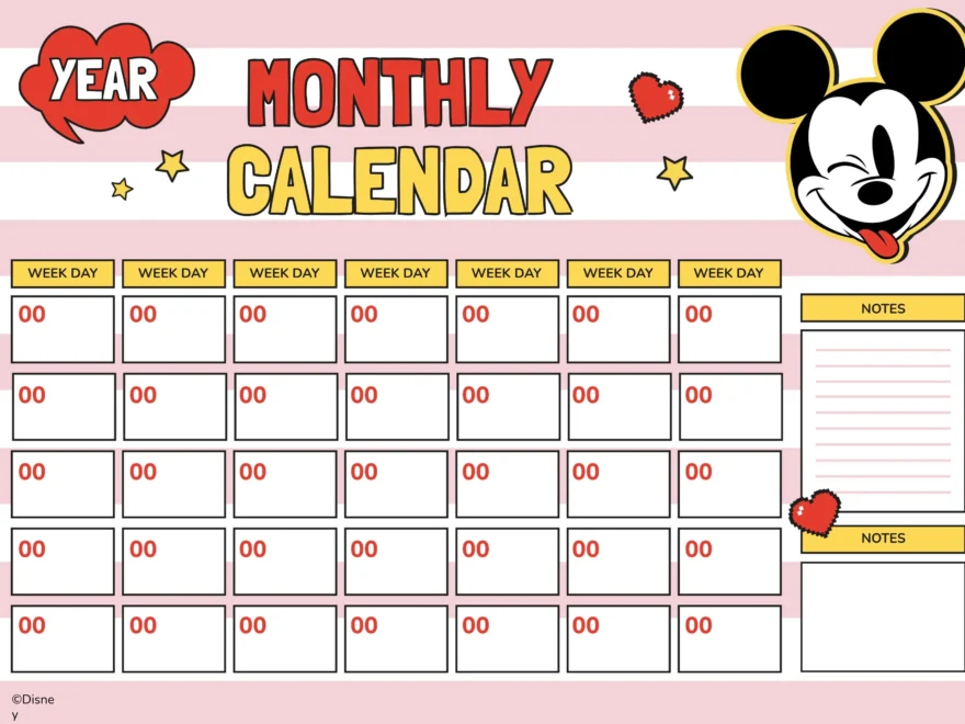 FREEBIE Disney Mickey Mouse PDF Printable Monthly Calendar Plannerologystudio