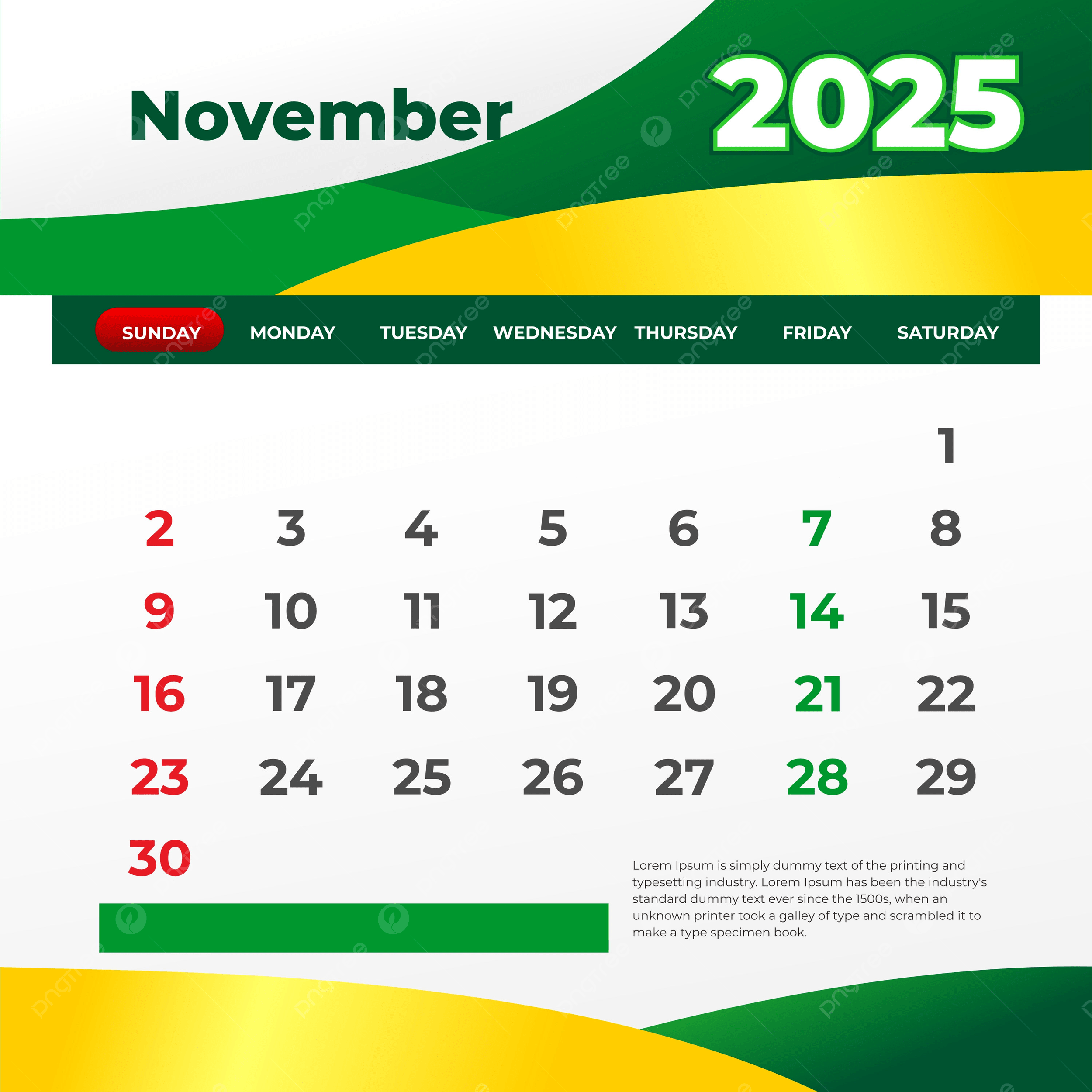 Green Calendar November 2025 Vector Template Download On Pngtree