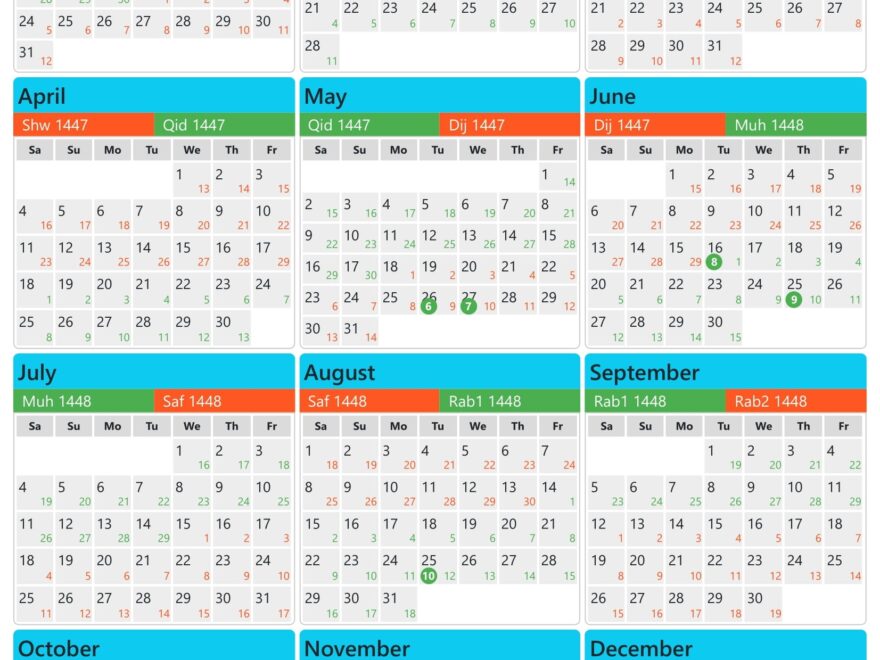 Gregorian Hijri Calendar 2026 1447 1448 In San Marino
