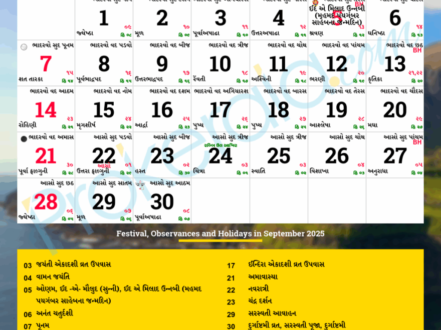 Gujarati Calendar September 2025 Vikram Samvat 2081 Bhadarvo Aso