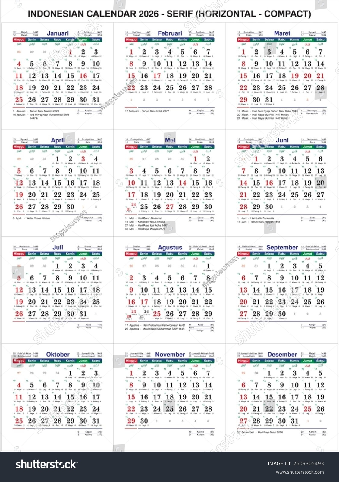 Indonesian Gregorian Calendar Templates 2026 Horizontal Stock Vector Royalty Free 2609305493 Shutterstock