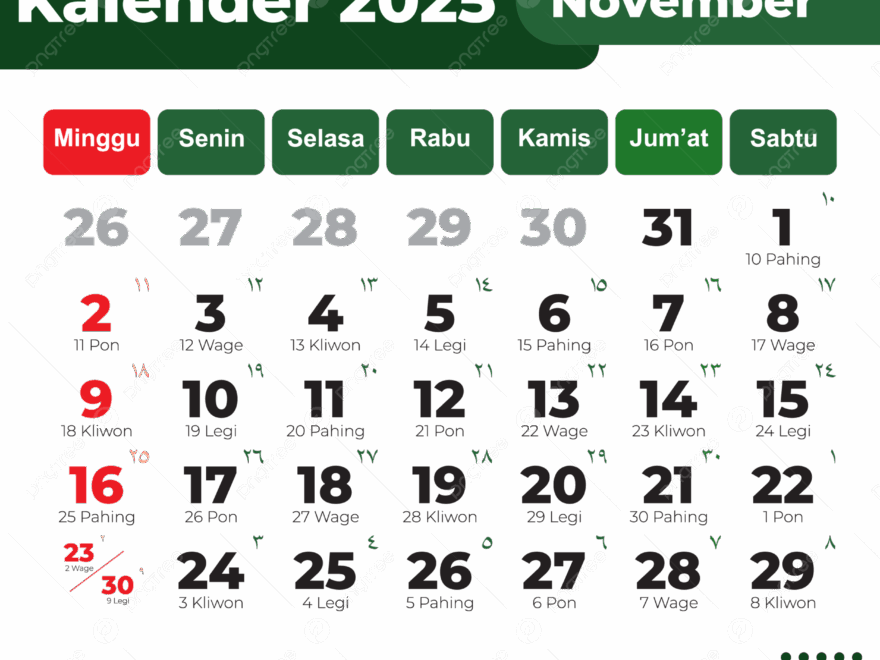 Indonesian Monthly Calendar 2025 November Complete Green Calendar Vector November Calendar 2025 Calendar November PNG And Vector With Transparent Background For Free Download