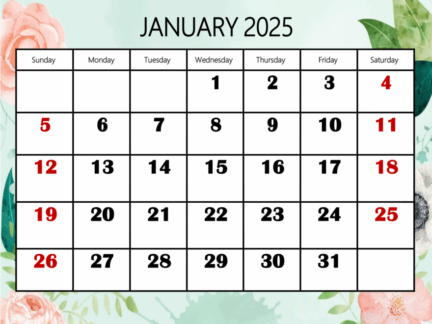January 2025 Calendar Printable PDF Template With Holidays