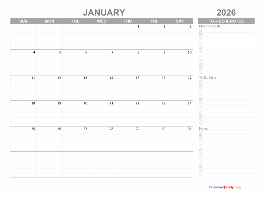 January 2026 Calendar With To Do List Calendar Quickly