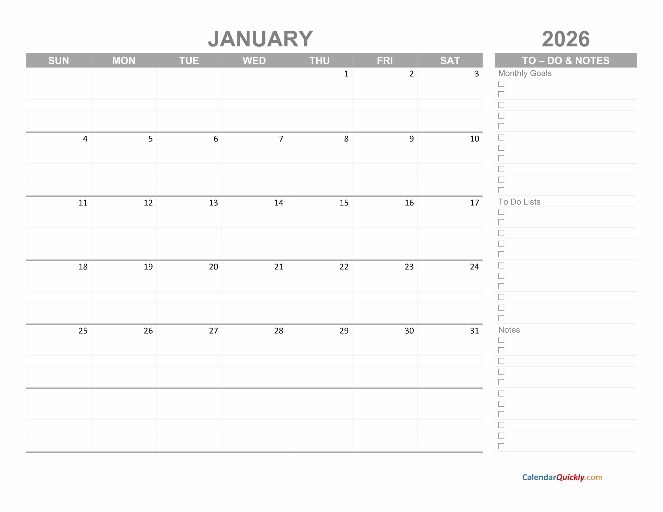 January 2026 Calendar With To Do List Calendar Quickly