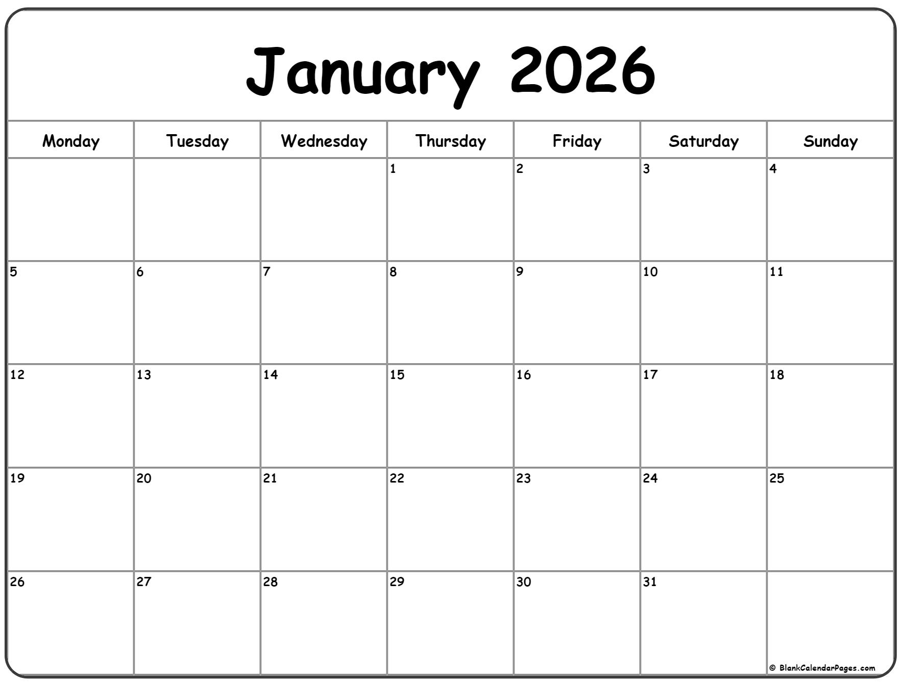 2026 Calendar Printable Monday Start