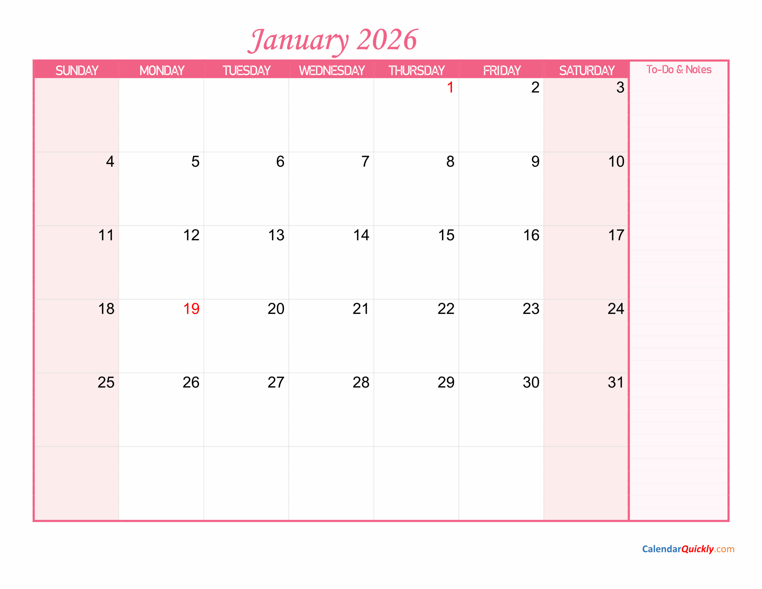 2026 Printable Calendar With Notes