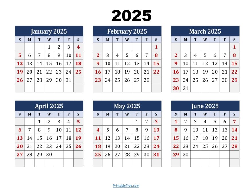 January To June 2025 Calendar Printable PDF Six Months Calendar