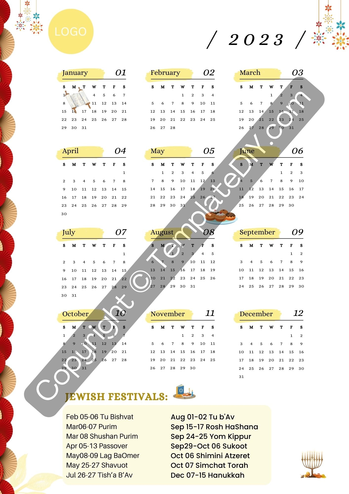 Jewish 2025 Calendar With Holidays Printable PDF Word