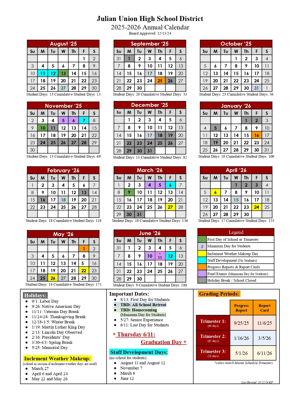 Julian Union High School District Calendar 25 26 Revised PDF EduCounty