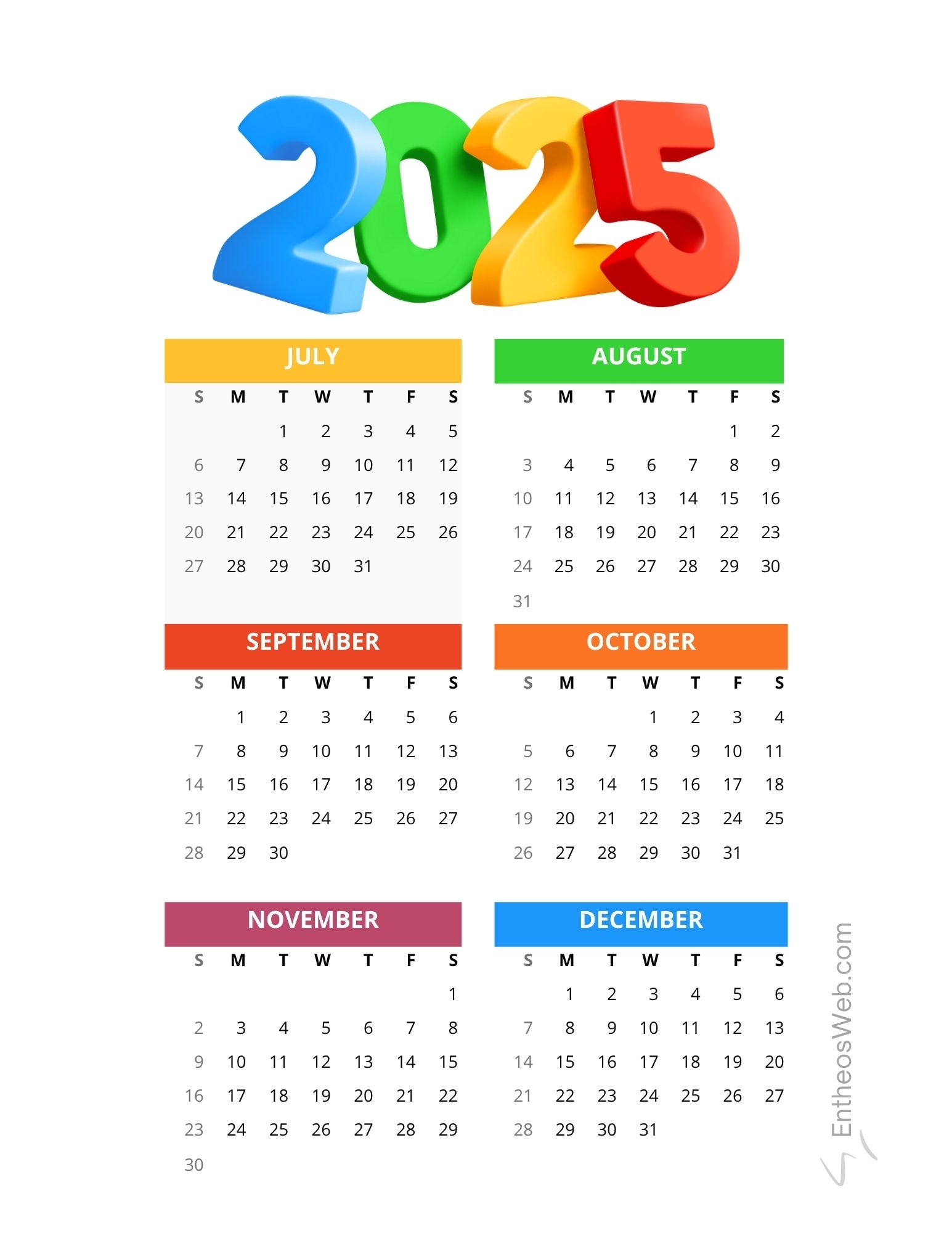 July To December 2025 6 Month Calendar Printable EntheosWeb