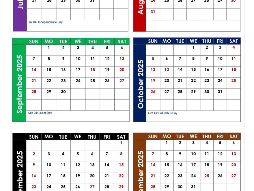 July To December 2025 Calendar Printable PDF Six Months Calendar