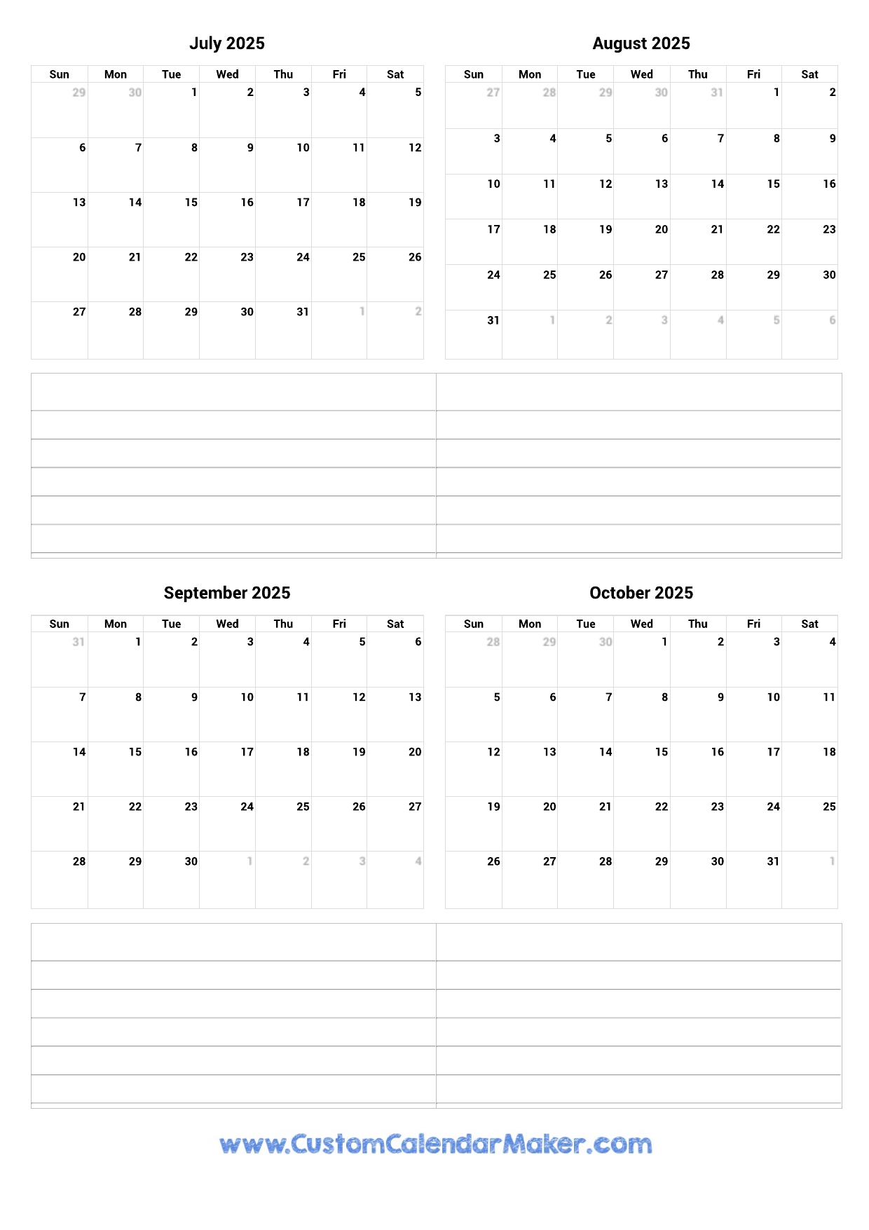 July To October 2025 Printable Calendar Custom Calendar Maker
