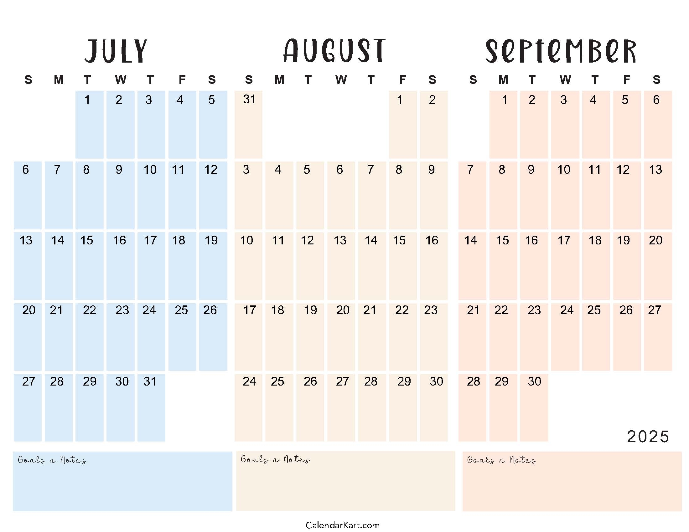 July To September 2025 Calendar Q3 CalendarKart
