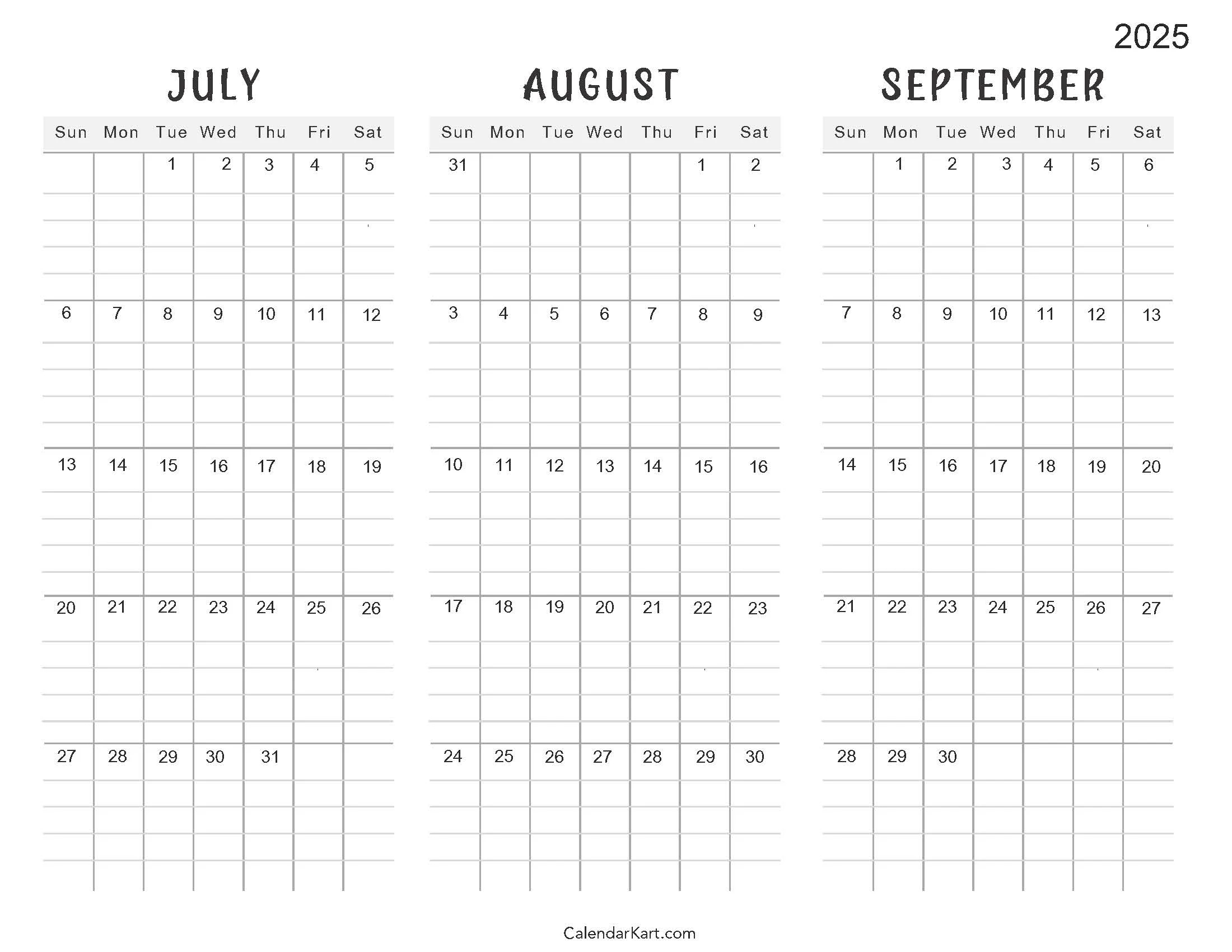 July To September 2025 Calendar Q3 CalendarKart