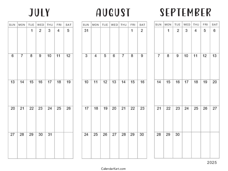 July To September 2025 Calendar Q3 CalendarKart