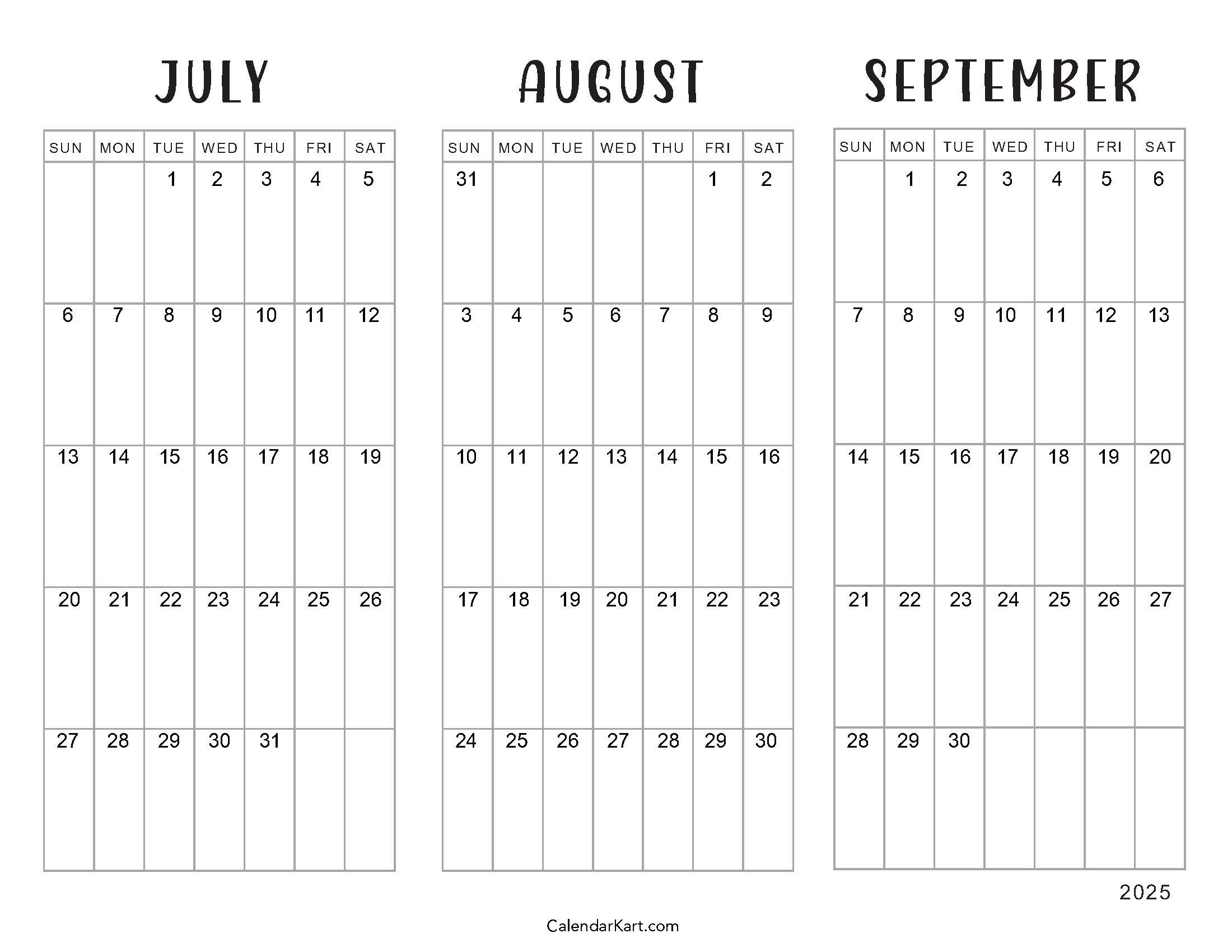 July To September 2025 Calendar Q3 CalendarKart