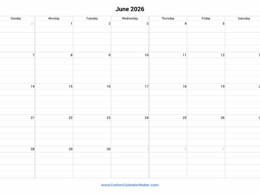 June 2026 Fillable Calendar Grid With Lines Custom Calendar Maker