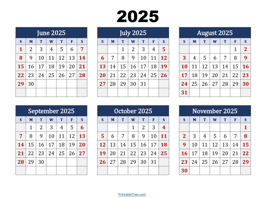 June To November 2025 Calendar Printable PDF Six Months Calendar