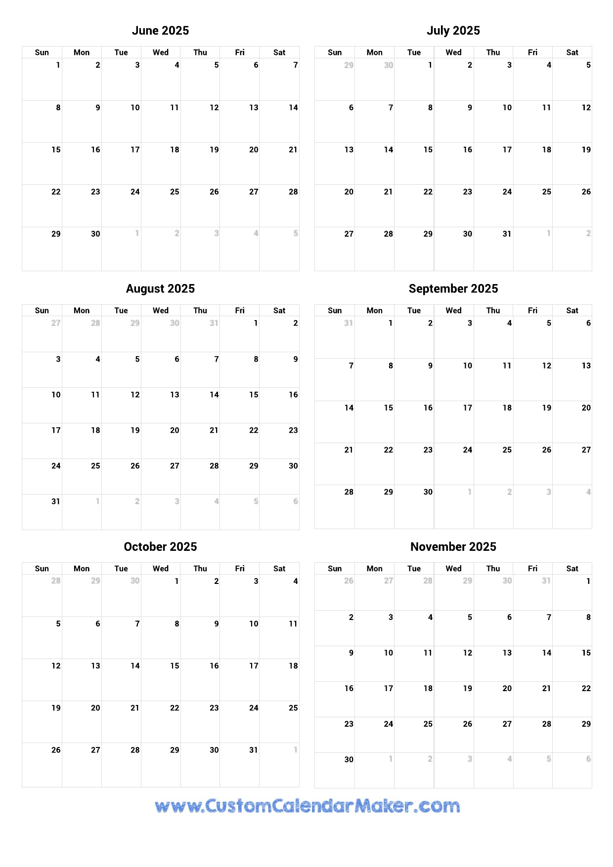 June To November 2025 Printable Calendar Custom Calendar Maker