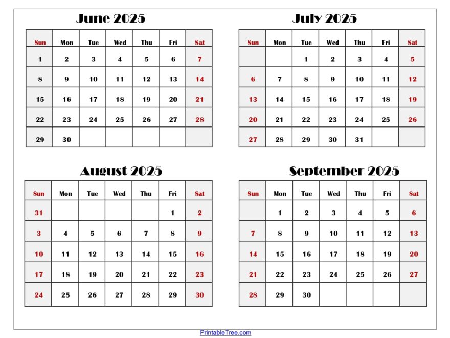 June To September 2025 Calendar Printable PDF Four Months Calendar