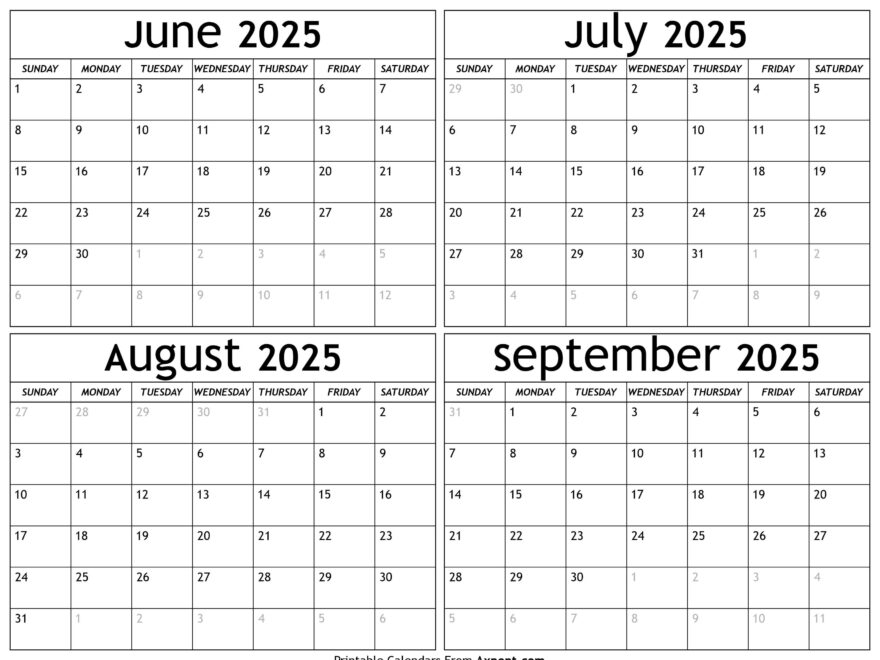 June To September 2025 Calendar Templates Four Months