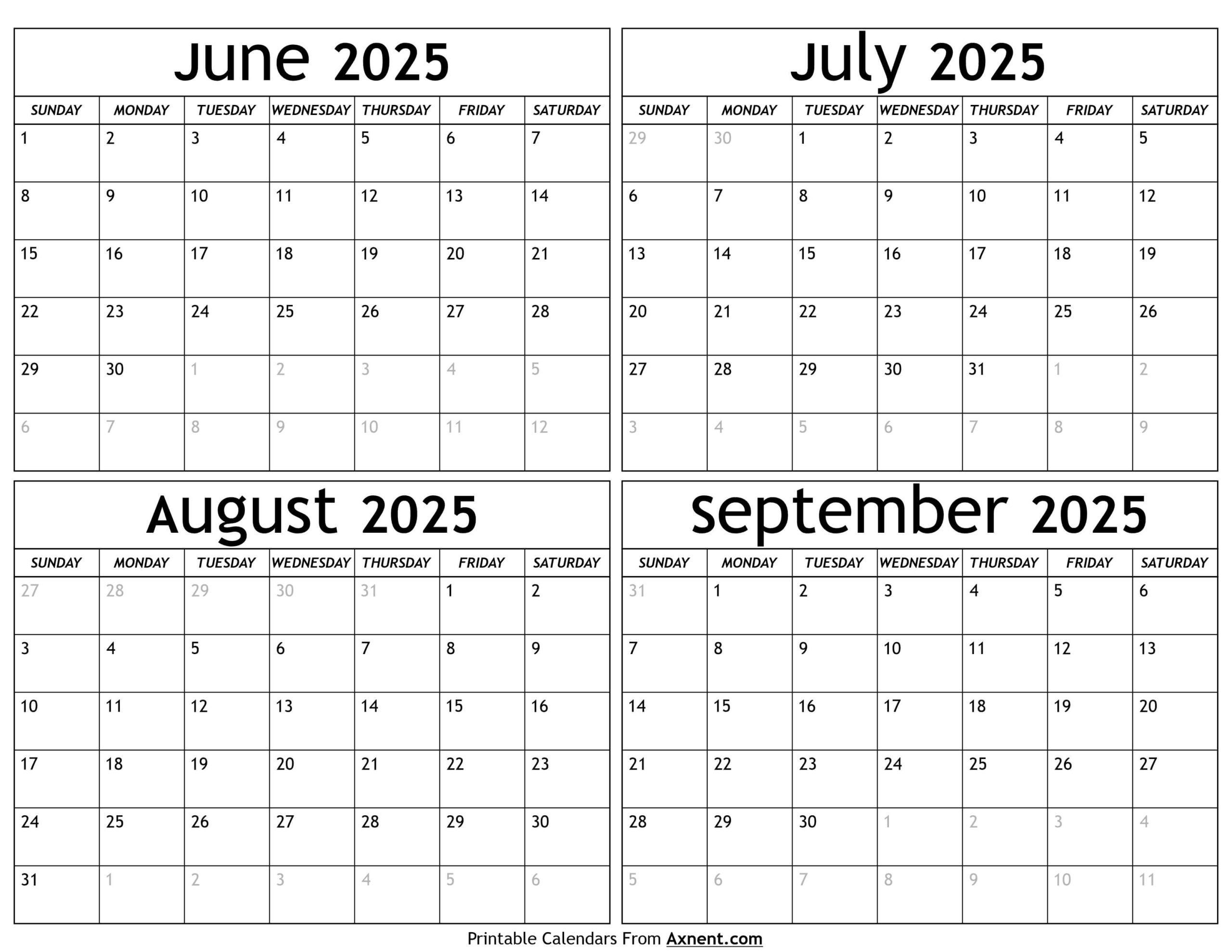 June To September 2025 Calendar Templates Four Months