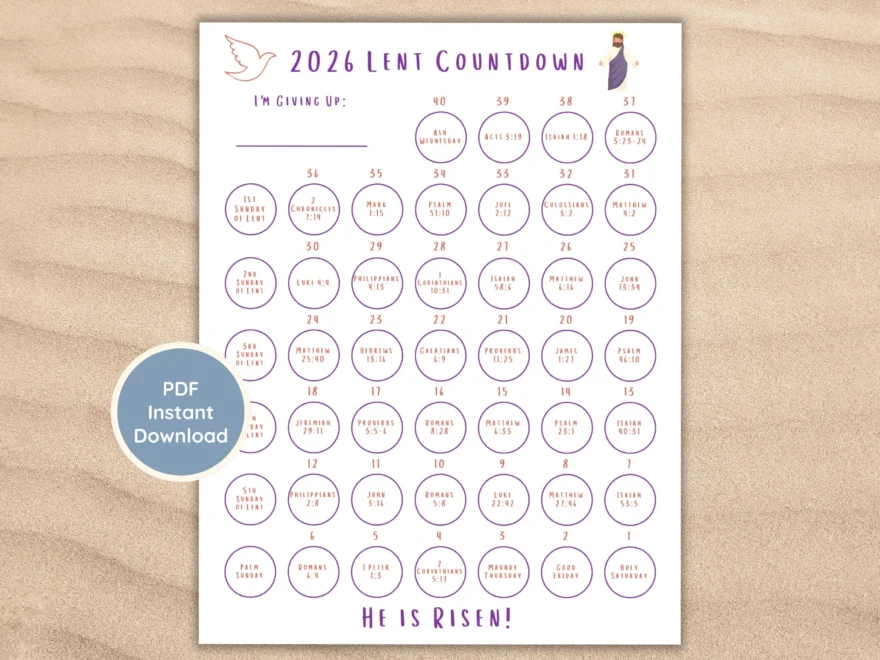 Kids 40 Days Of Lent Tracker 2026 Countdown Calendar Printable Calendar Christian Homeschool Resource Family Lent Calendar Sunday School Etsy