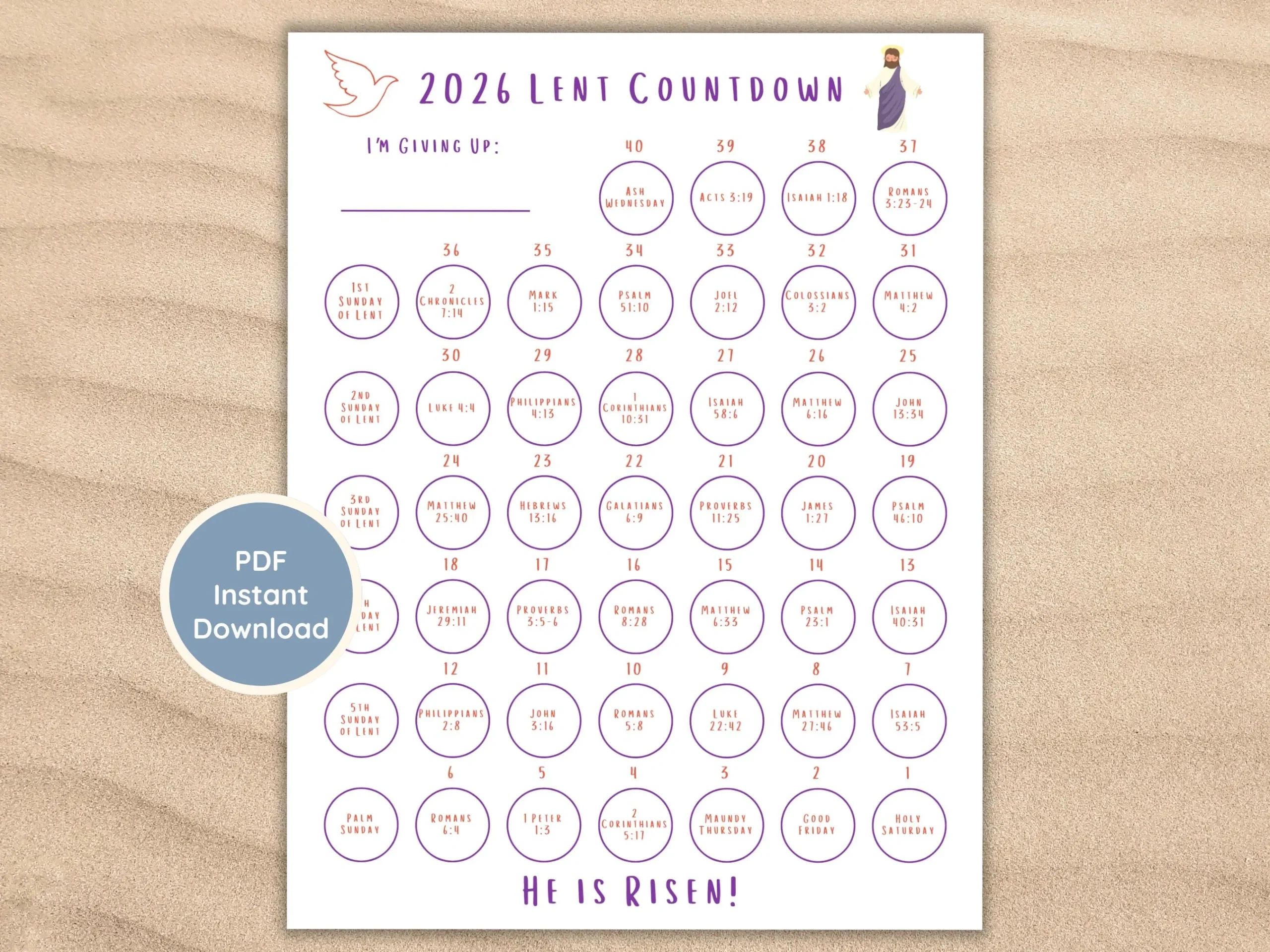 Kids 40 Days Of Lent Tracker 2026 Countdown Calendar Printable Calendar Christian Homeschool Resource Family Lent Calendar Sunday School Etsy