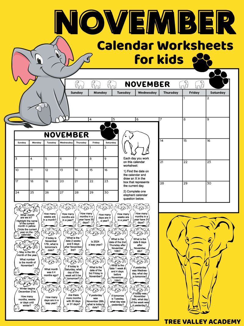 Kids Printable Calendar Worksheet For November 2025