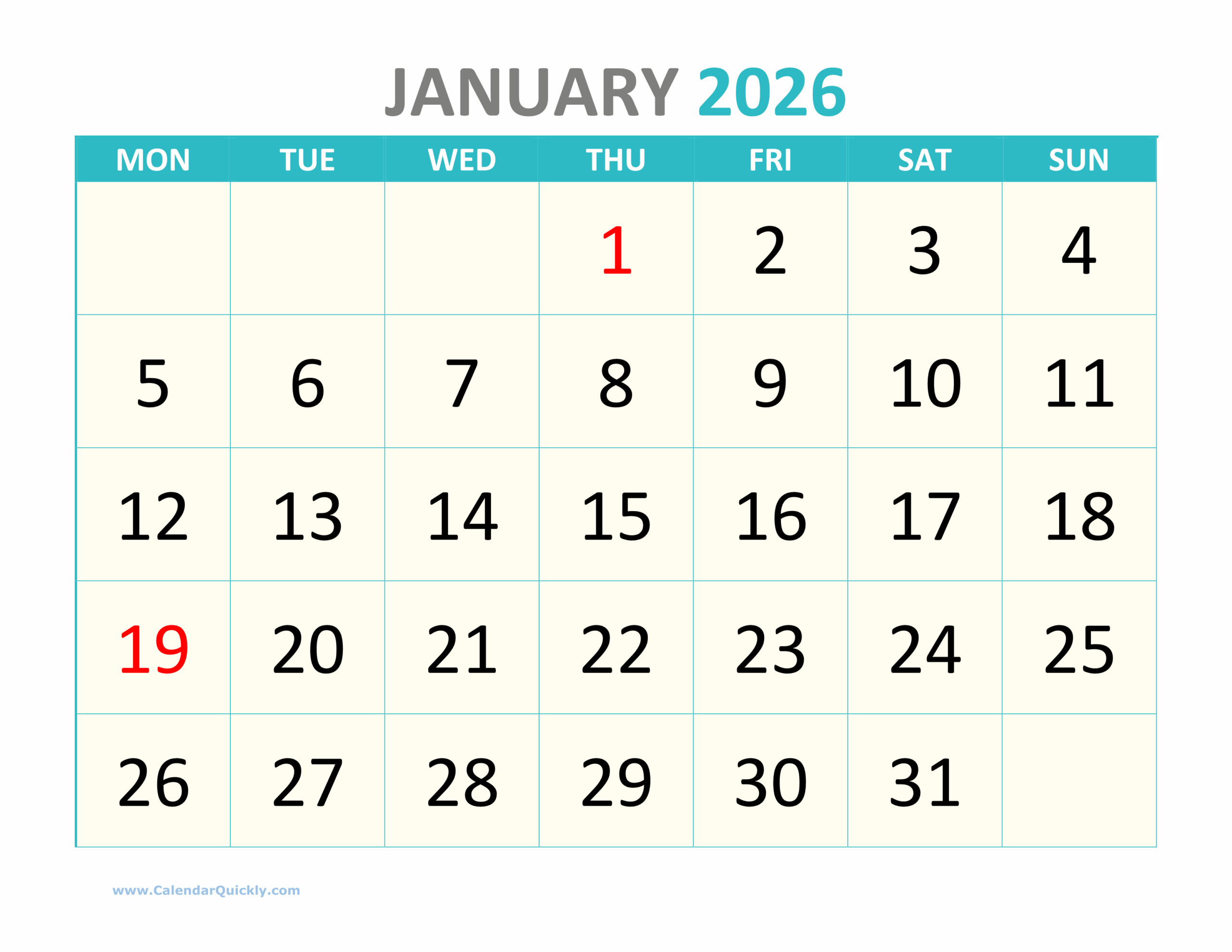 Printable Calendar Jumbo Print 2026 Png
