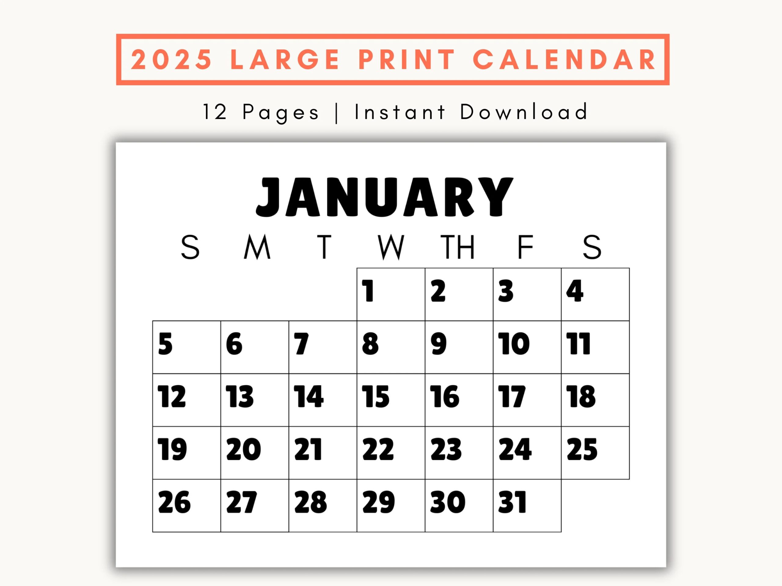 Large Print Monthly Calendar 2025 Senior Citizen Calendar With Large Numbers Sunday Start Printable PDF Etsy