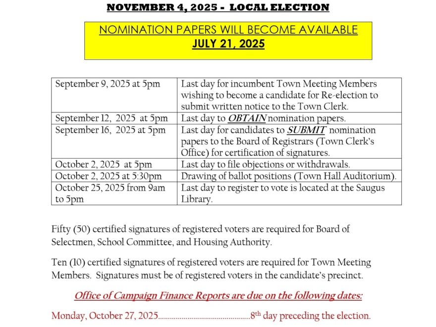 Local Election Calendar November 2025 Town Of Saugus MA