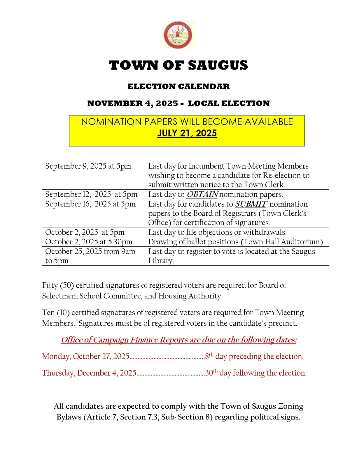 Local Election Calendar November 2025 Town Of Saugus MA