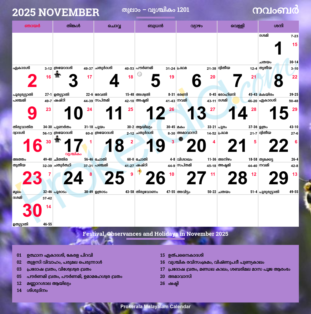 Malayalam Calendar 2025 November