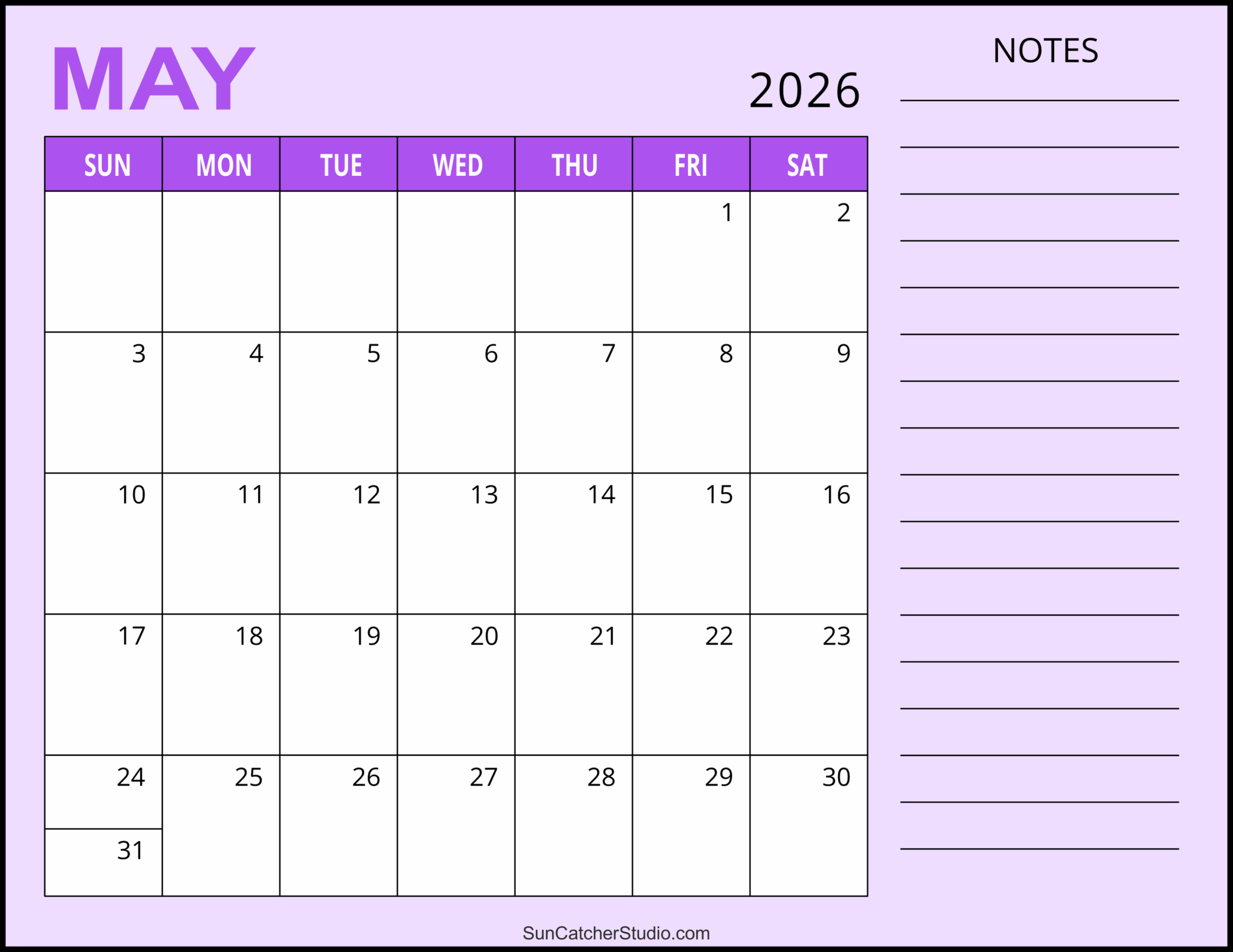 Free Printable Lined Monthly Calendar 2026