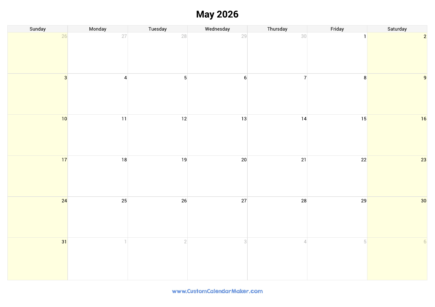 Printable Monthly Calendar 2026 Shaded Weekends
