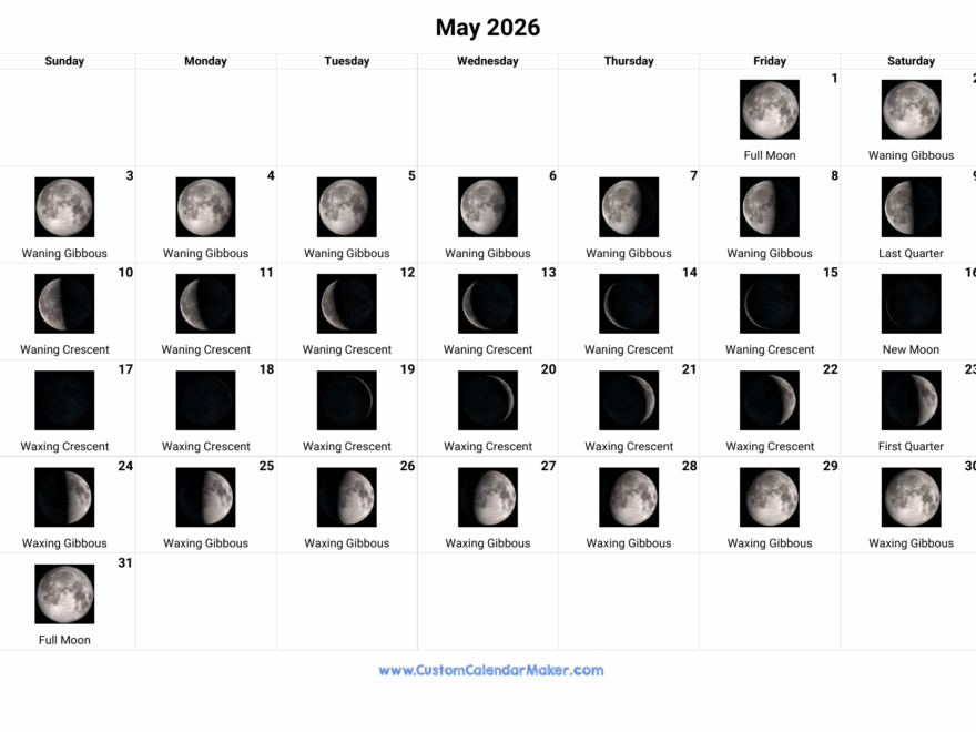 May 2026 Moon Phases Calendar Custom Calendar Maker