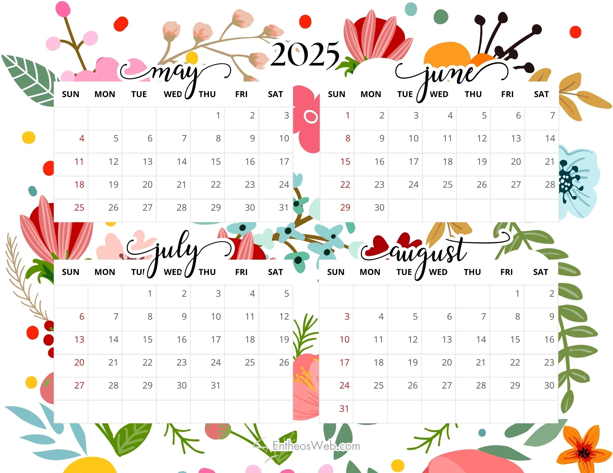 June July August September Calendar 2025