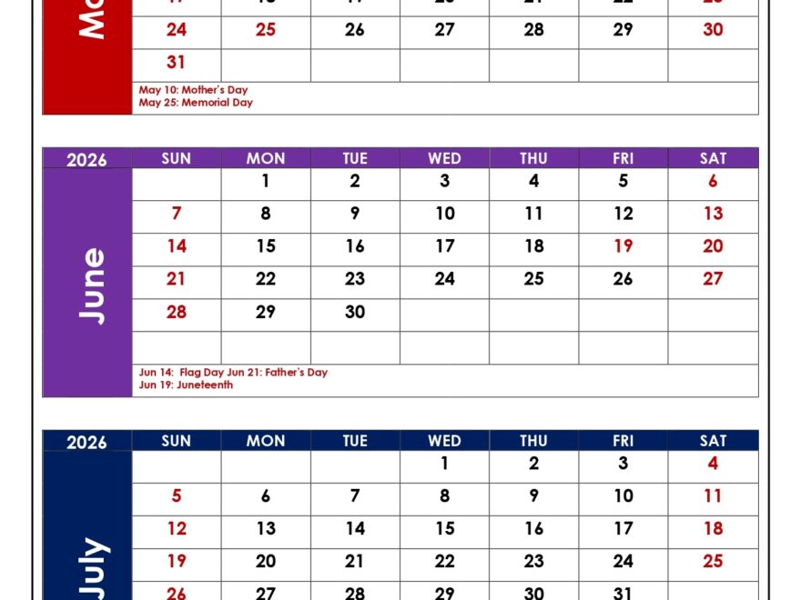 May To July 2026 Calendar Printable Three Month Calendar