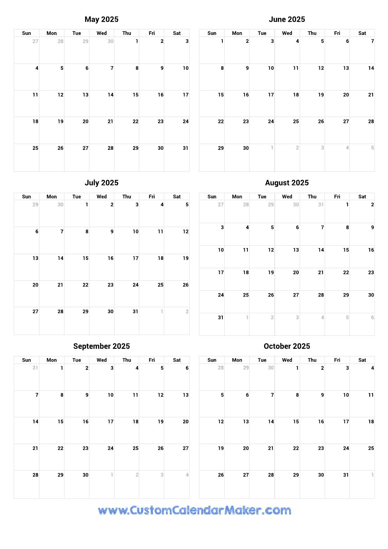 May To October 2025 Printable Calendar Custom Calendar Maker