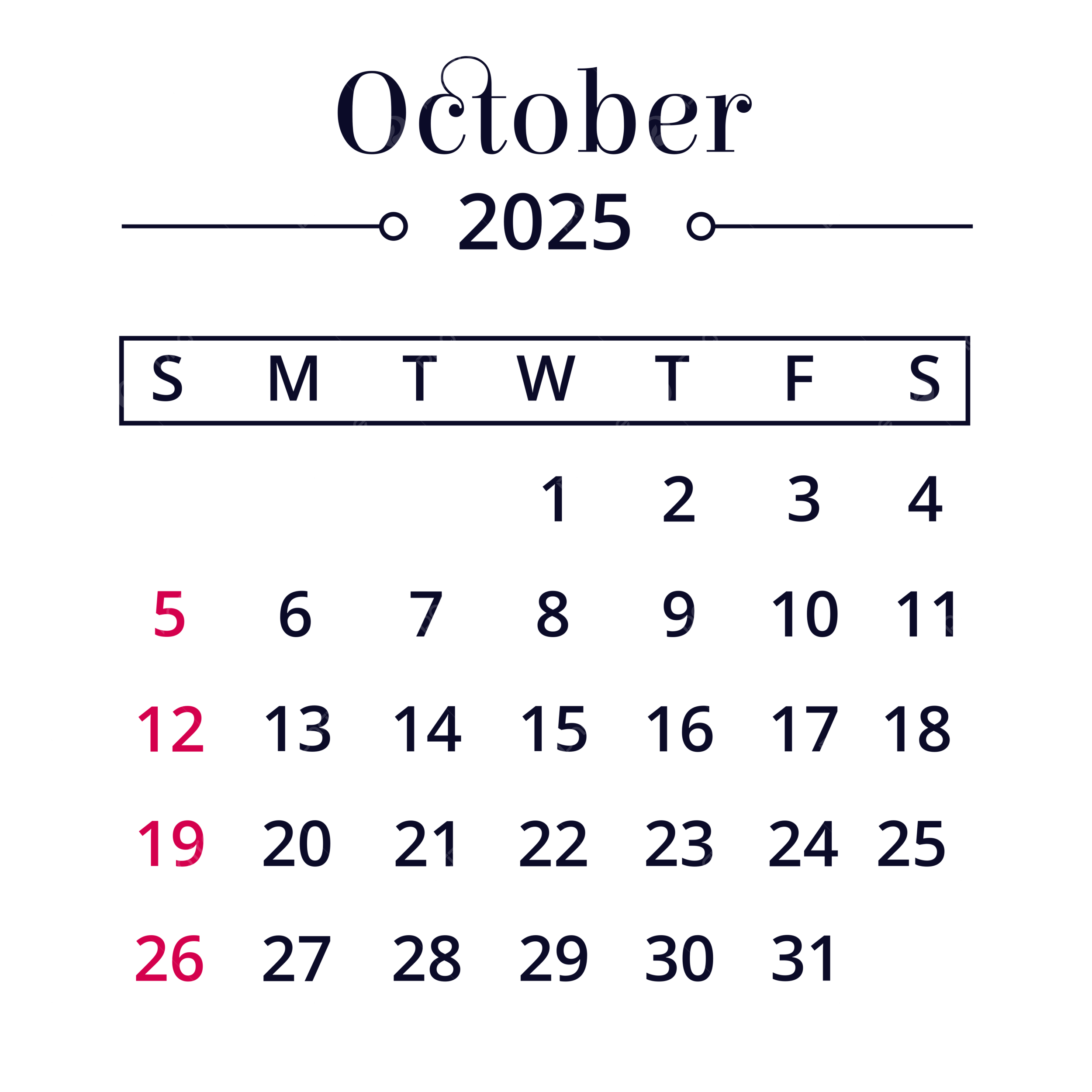 Minimalist October 2025 Calendar Vector Calendar 2025 October 2025 Calendar PNG And Vector With Transparent Background For Free Download