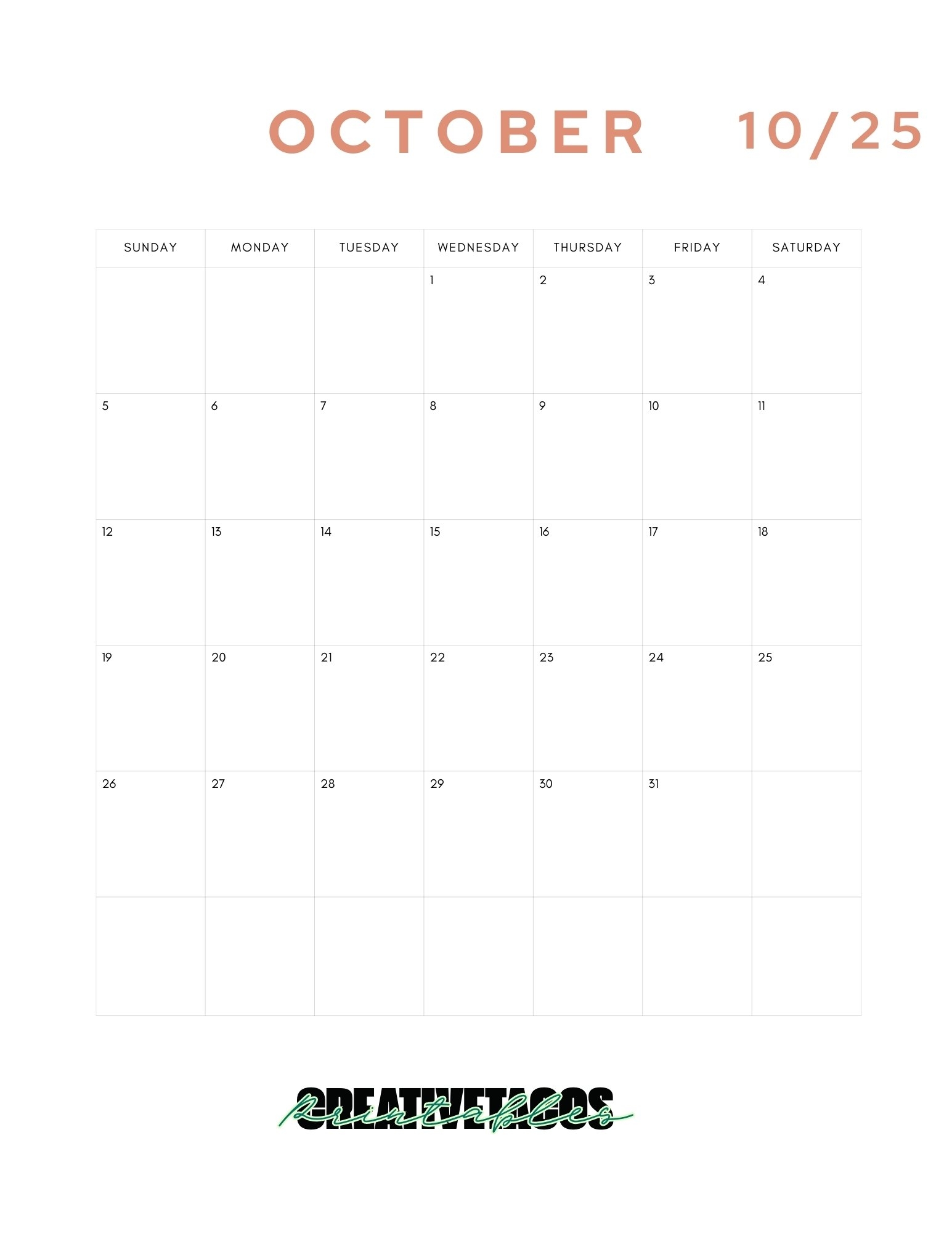 Minimalist Printable 2025 Monthly Calendar Template